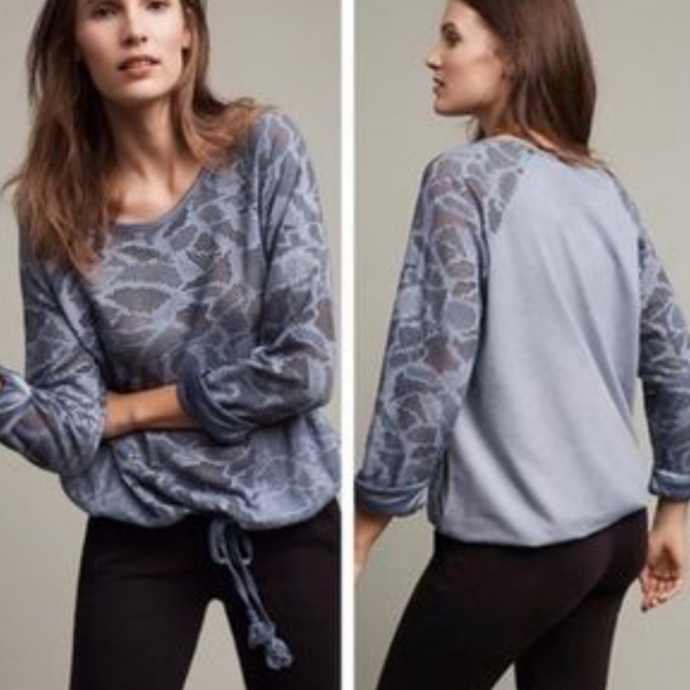 EUC Saturday Sunday Blue Grey Eyelet Drawstring Pullover Top with Pockets